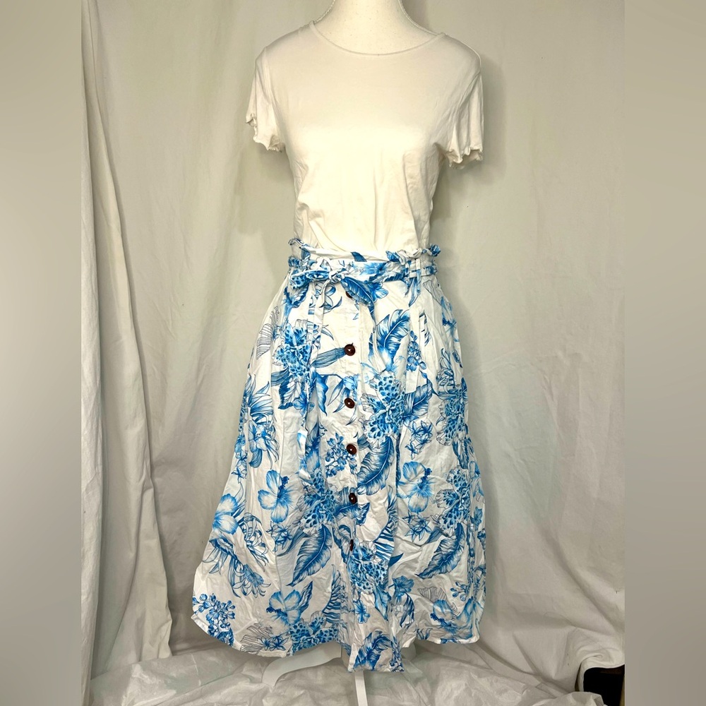 Her Destiny blue and white printed midi skirt with pockets.